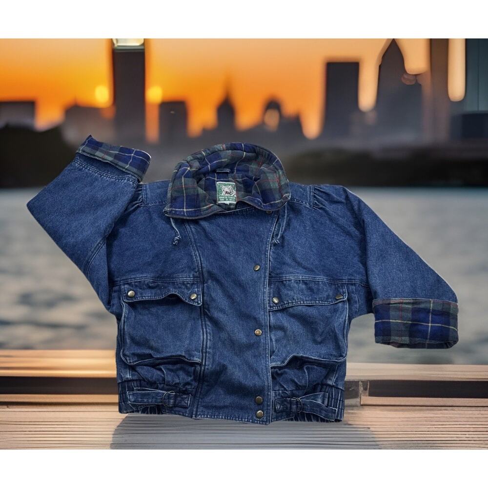 Vintage Jean Oversized Bomber Jacket with Tartan Plaid Lining Boyfriend‎